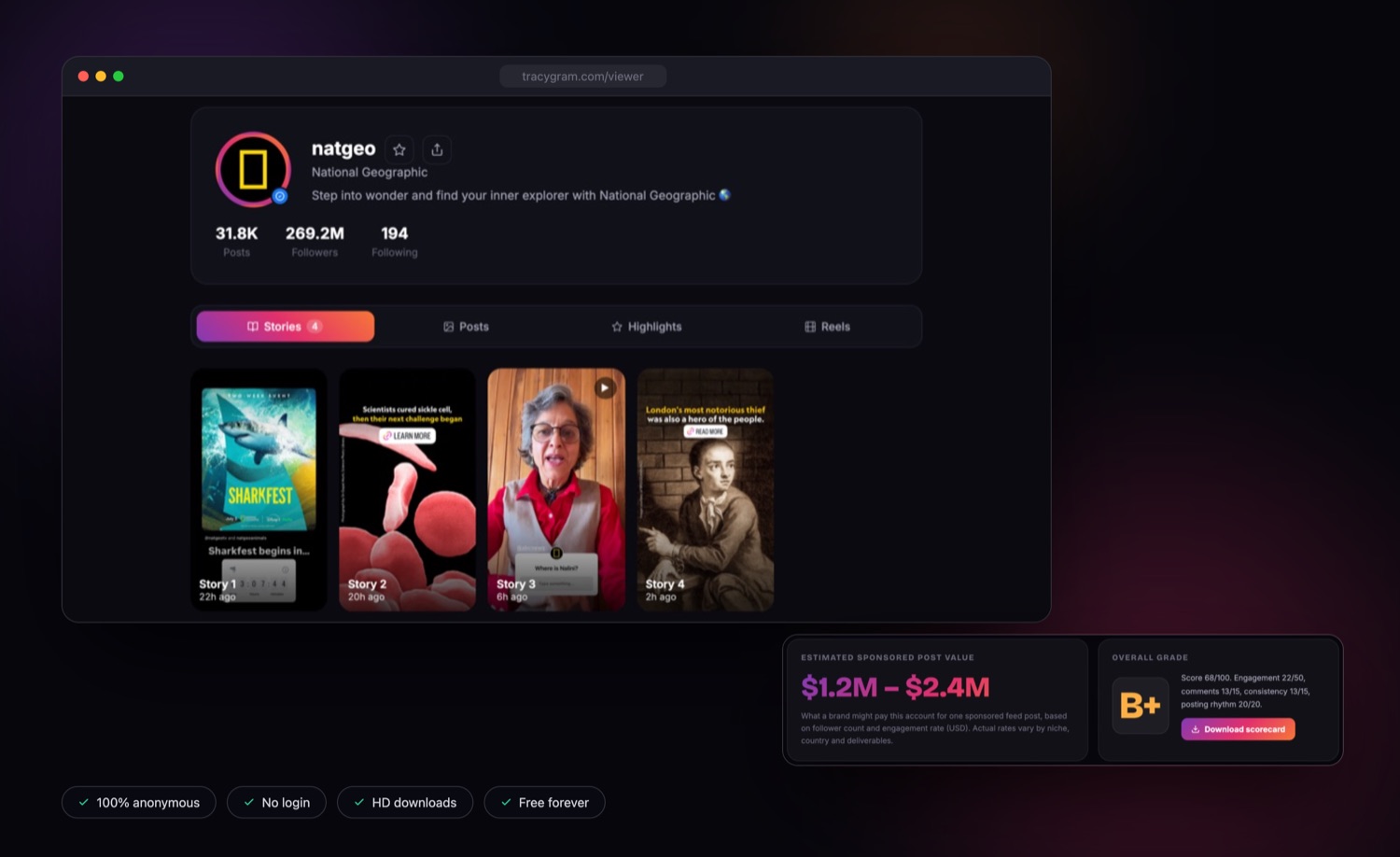Tracygram anonymous Instagram viewer with live stories, and the engagement calculator showing sponsored post value and grade